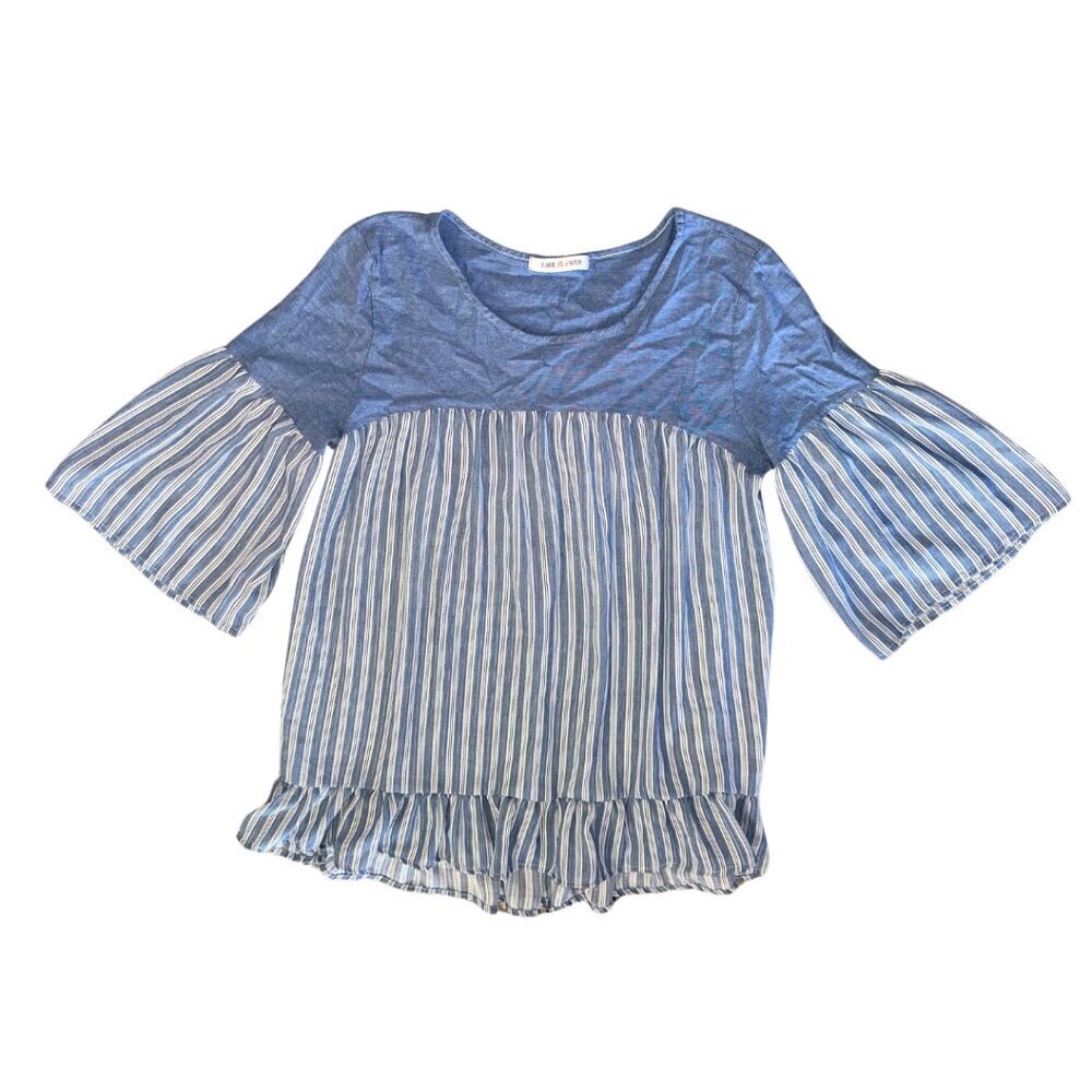 Women's Large Blue White Striped Denim Round Neck Bell Ruffle Sleeve Blouse S